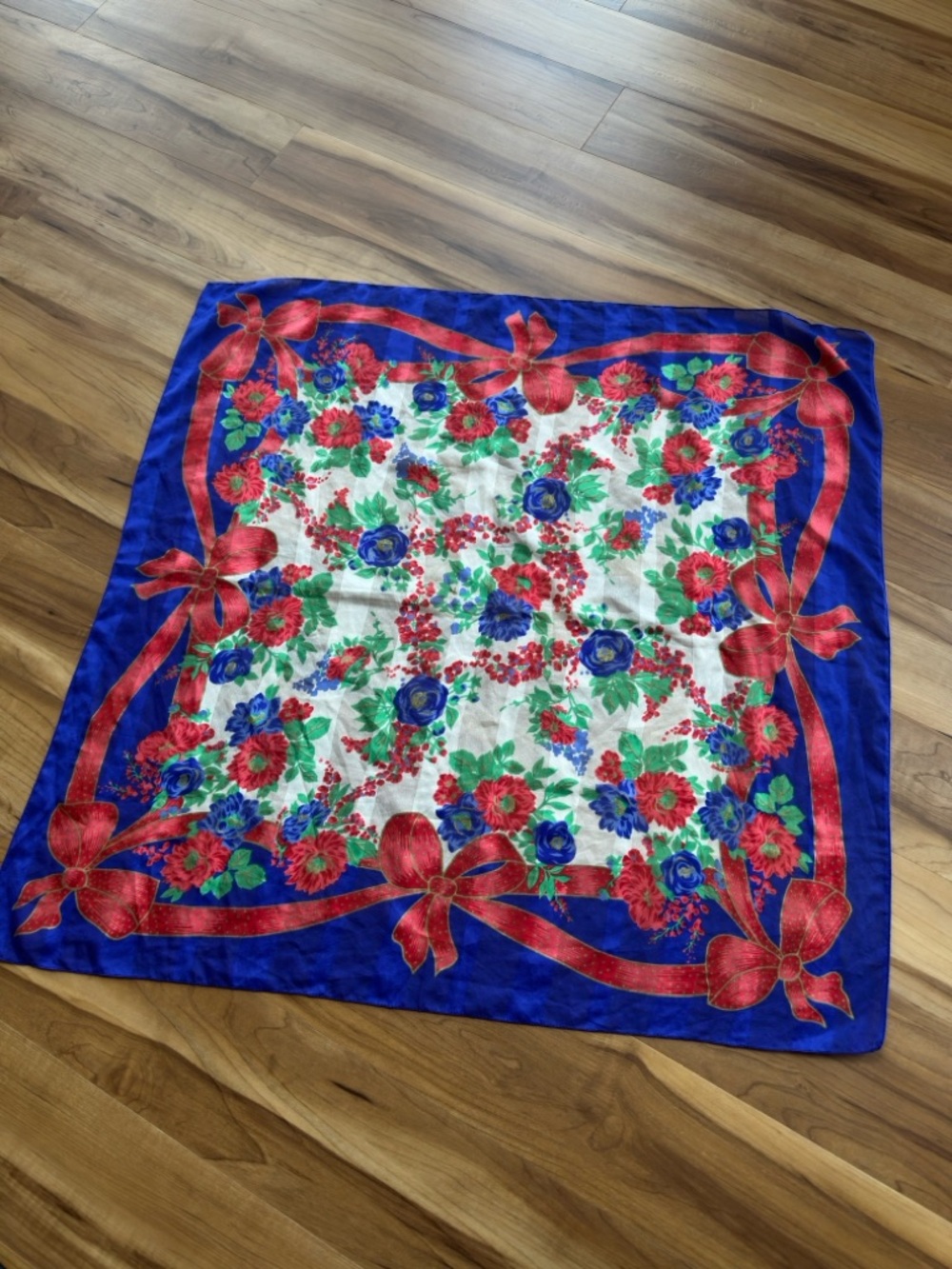 Floral Square Scarf in Royal Blue, Red & White